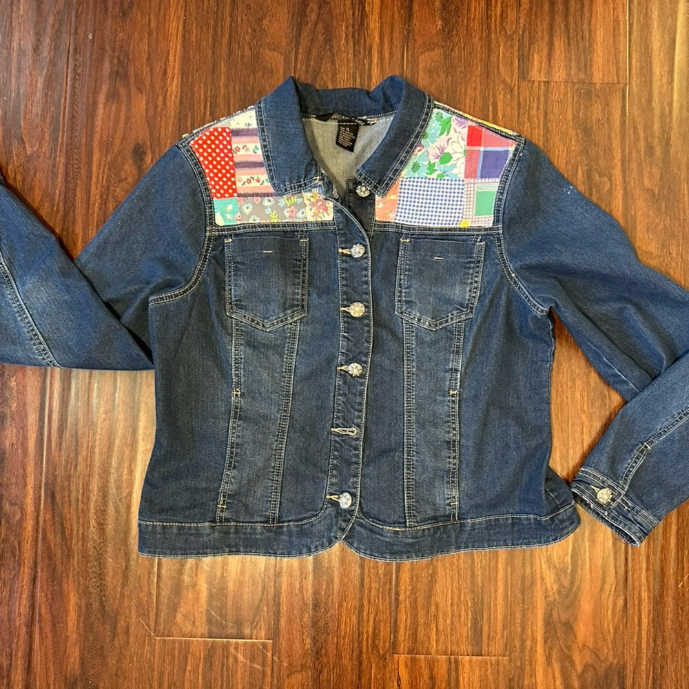 Upcycled/remade denim jacket with vintage quilt panels. One of a kind
